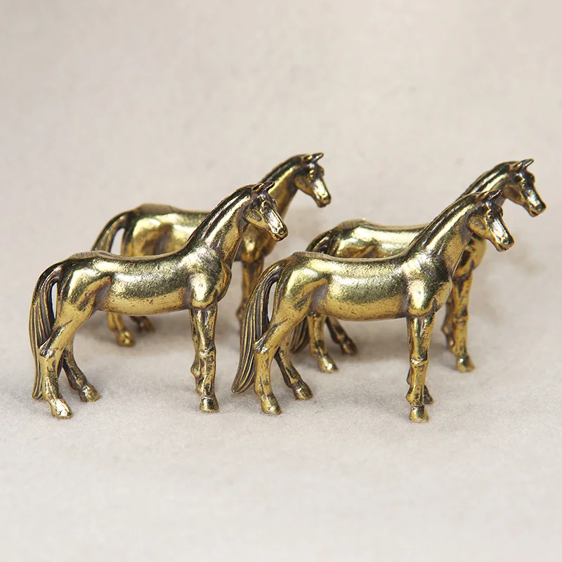 Antique Brass Solid Long Tail Horse Figurines Miniatures Feng Shui Ornaments Copper Zodiac Animal Mini Desktop Decoration Crafts