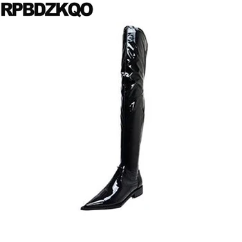 

over the knee long autumn ladies pointed toe patent leather pointy black side zip boots genuine tall shoes chunky block women