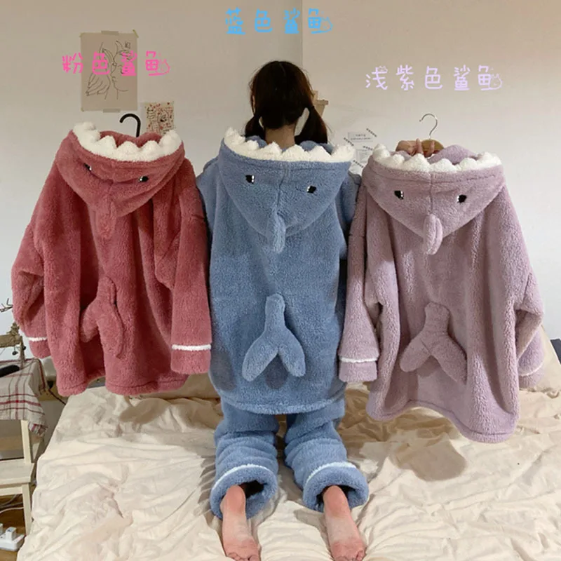 

2019 New Style Korean Style Cartoon Shark Pajamas Female Winter Cute Casual Hooded Homewear Set Two-Piece Set