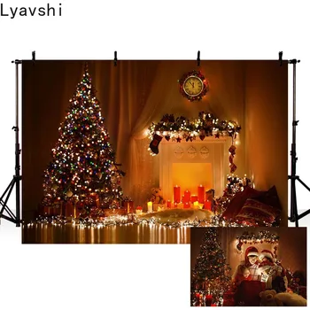 

Lyavshi Christmas tree lights decoration gifts toys candles and garlands lighting indoor fireplace photography background