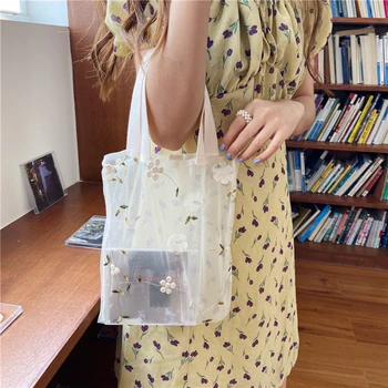 

2020 Women Small Transparent Tote Mesh Cloth Bag Flower Embroidery Handbag Elegant Summer Pouch Shopping Purse For Girls