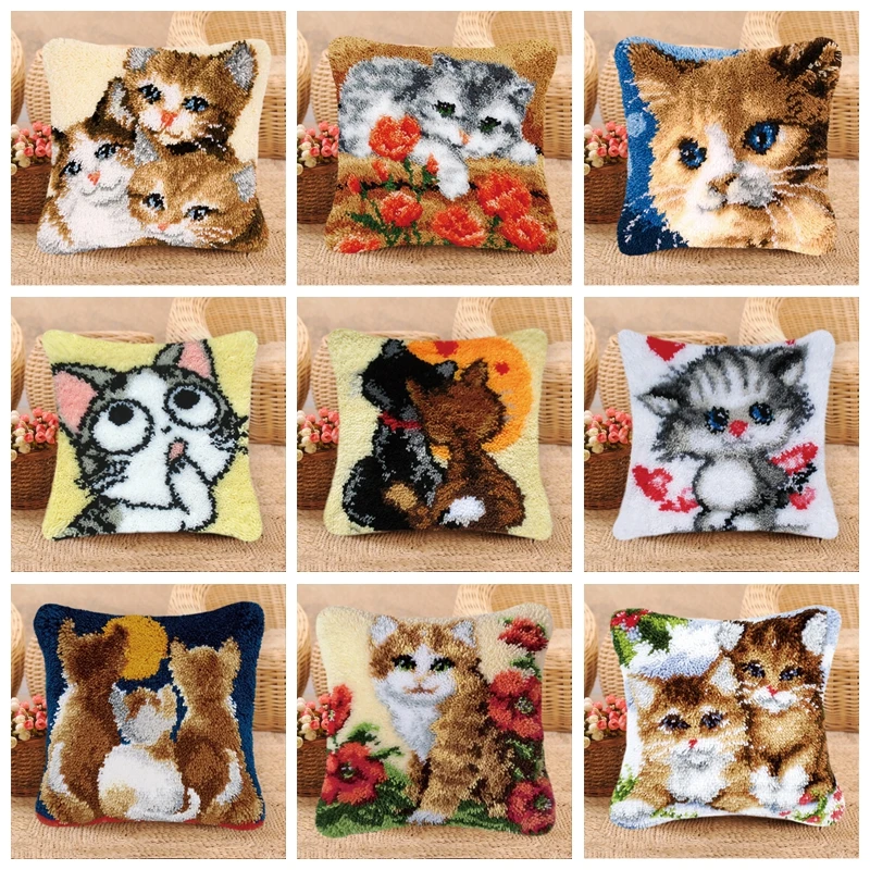 

Latch Hook Pillowcase Kits Cartoon Cat Embroidery DIY Needlework Sets Unfinished Crocheting Yarn Mat Latch Hook Rug Kit Set H