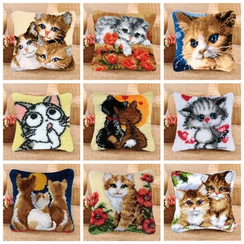 

Latch Hook Pillowcase Kits Cartoon Cat Embroidery DIY Needlework Sets Unfinished Crocheting Yarn Mat Latch Hook Rug Kit Set H