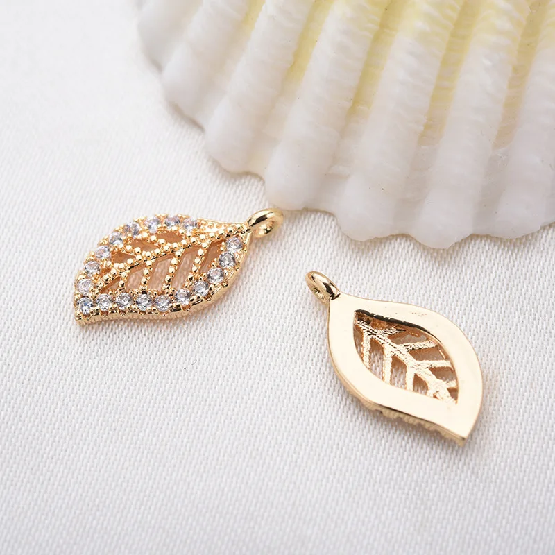 (987)4PCS 14x7MM 24K Gold Color Brass with Zircon Leaf Leaves Charm Pendants for DIY Jewelry Making Findings Accessories | Украшения и