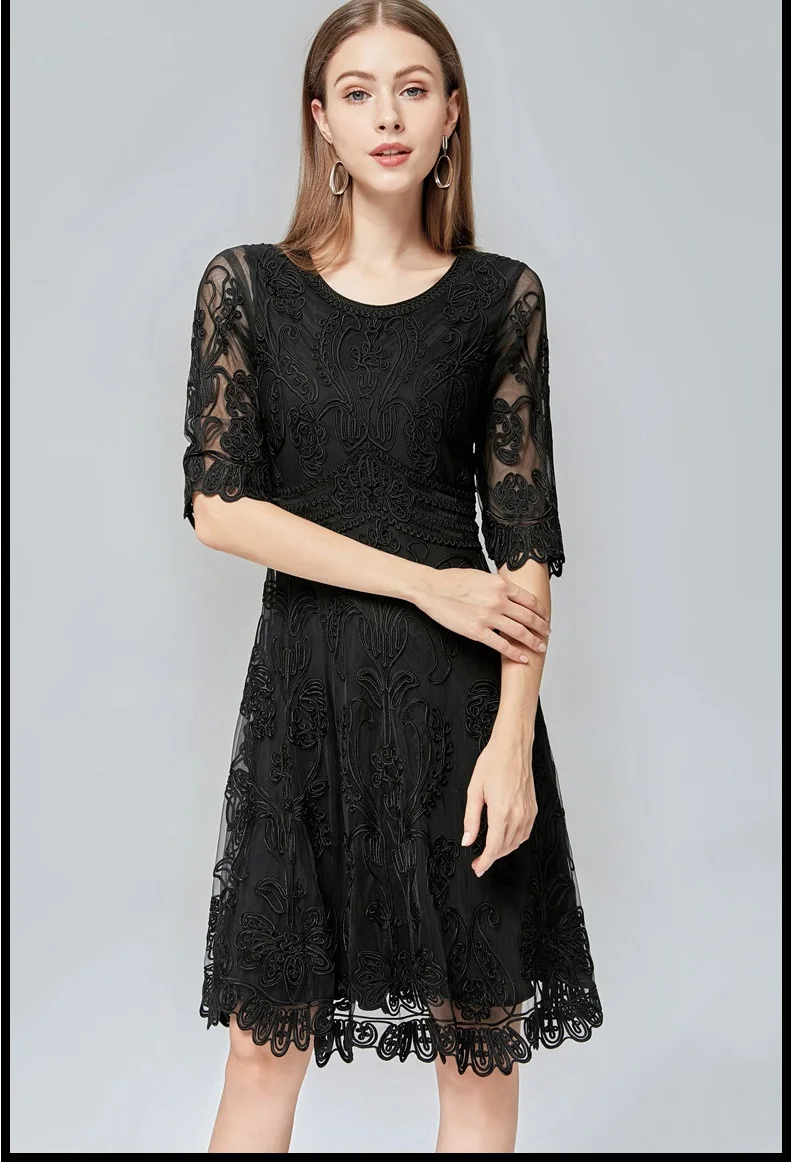 Slim Fit& Flare Dress Autumn Style Women O-Neck Allover Appliques Embroidery Red Wine Red Pink Black Dress Vestidos Festa