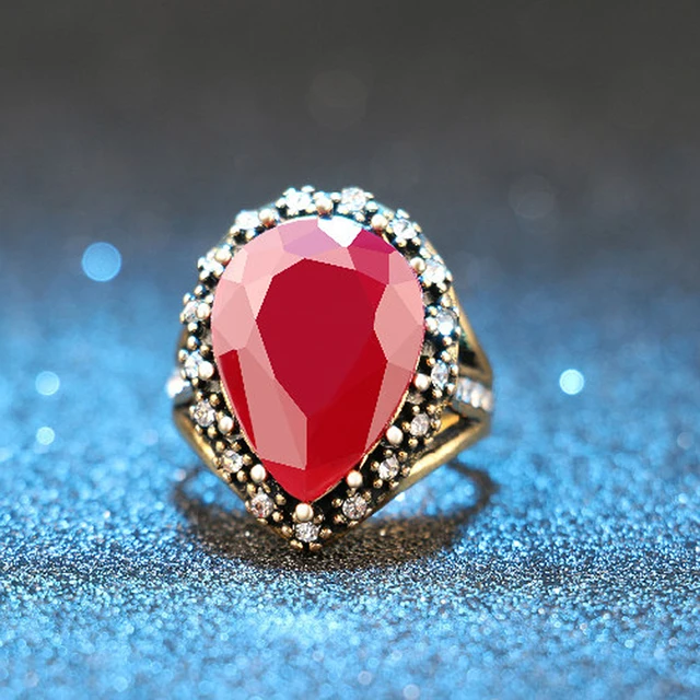 Vintage Mosaic Zircon Rings 1PC Antique Golden Crystal Ring Turkish Oval Jewelry Black Red Green Resin Stone Women Boho Wedding Red