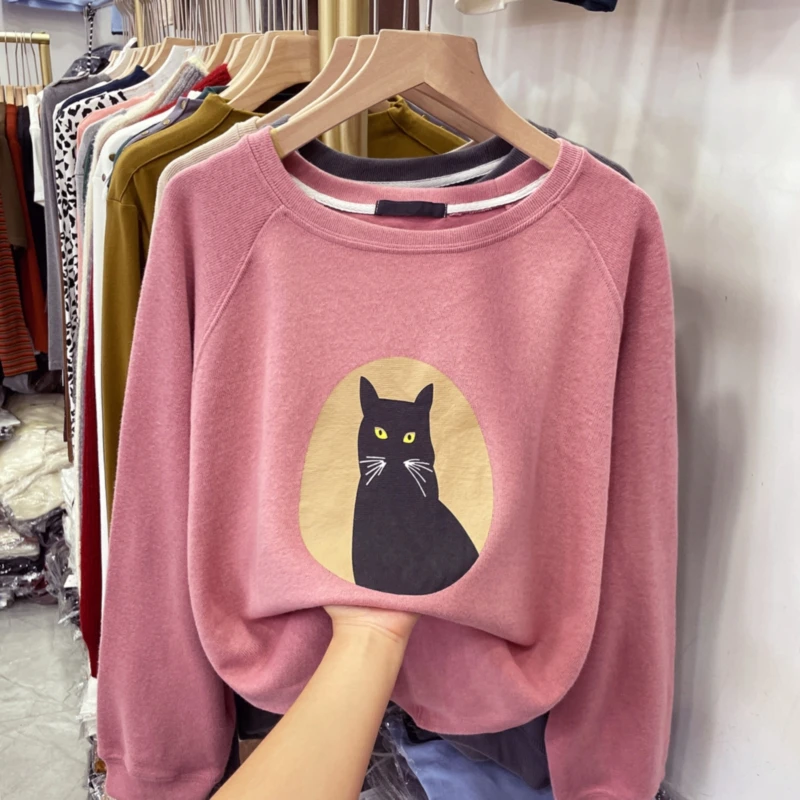 Casual Cat Printed O Neck Long Sleeve Loose Sweatshirt For Women Spring Autumn Kitty Pullover Sweat Shirt Ladies T Top | Женская одежда