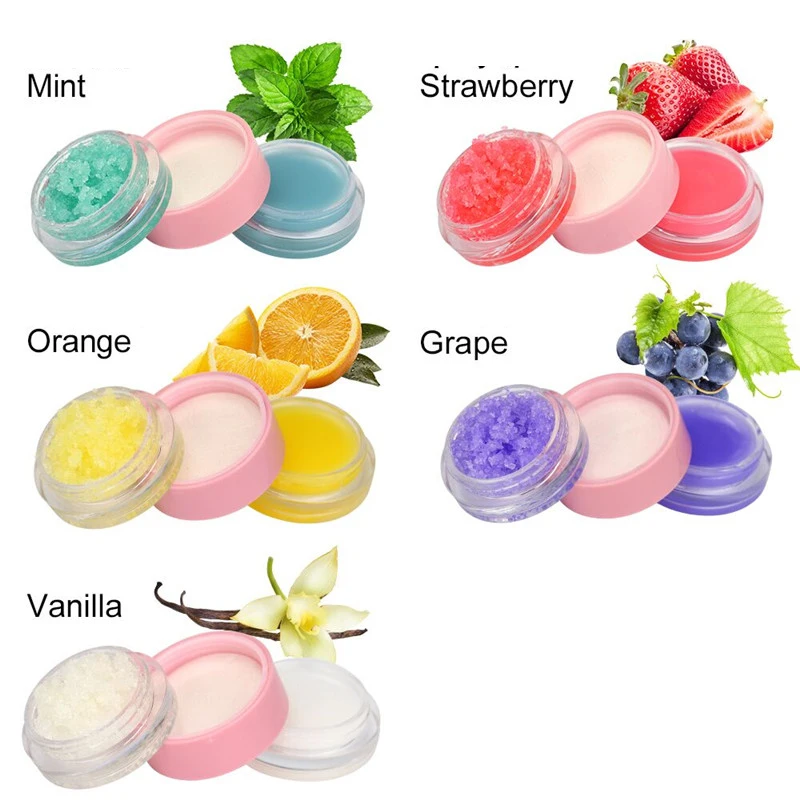 

Wholesale 2 in 1 Moustirzing Lip Balm Custom Logo Private Label Fruit 5 Colors Organic Exfoliating Flavor Sugar Lip Scrub