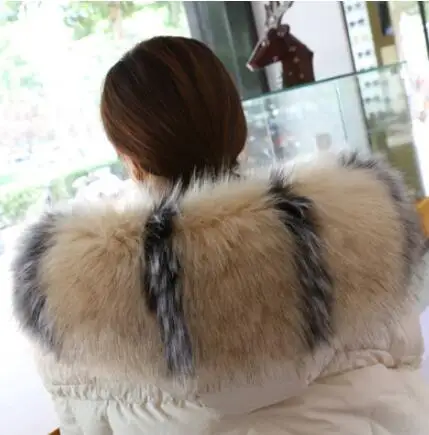 cream stripe plus Осенне-зимний женский меховой воротник из искусственного меха енота, шарф из лисьего меха, искусственный воротник с капюшоном, меховая накидка из пашмины - Цвет: cream stripe plus