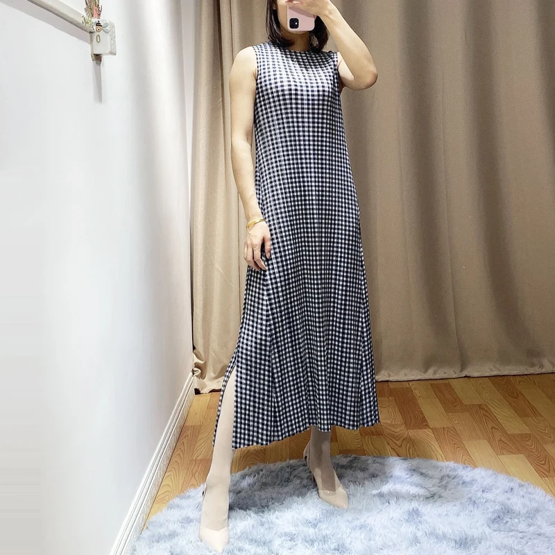 Changpleat летние новые женские платья Miyak плиссированные модные дизайнерские клетчатые тонкие платья без рукавов с круглым вырезом и эластичной талией D9