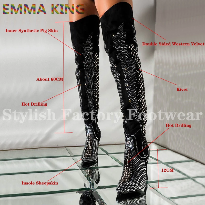 Emma king/роскошные бархатные сапоги выше колена с кристаллами; сезон осень-зима; женские сапоги на высоком каблуке с заклепками, заклепками и ремешком