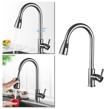 

Kitchen Faucet Brushed 304 Stainless Steel Single Hole 360 Out Hot Degree Spout Tap Cold Pull Faucet Rotatable Mixer Water R1E5
