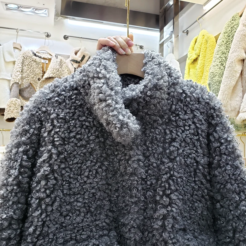 Новинка, осенне-зимняя короткая куртка из овечьей шерсти, плотное Женское пальто со стоячим воротником, теплое пальто из овечьей шерсти, свободная верхняя одежда для женщин