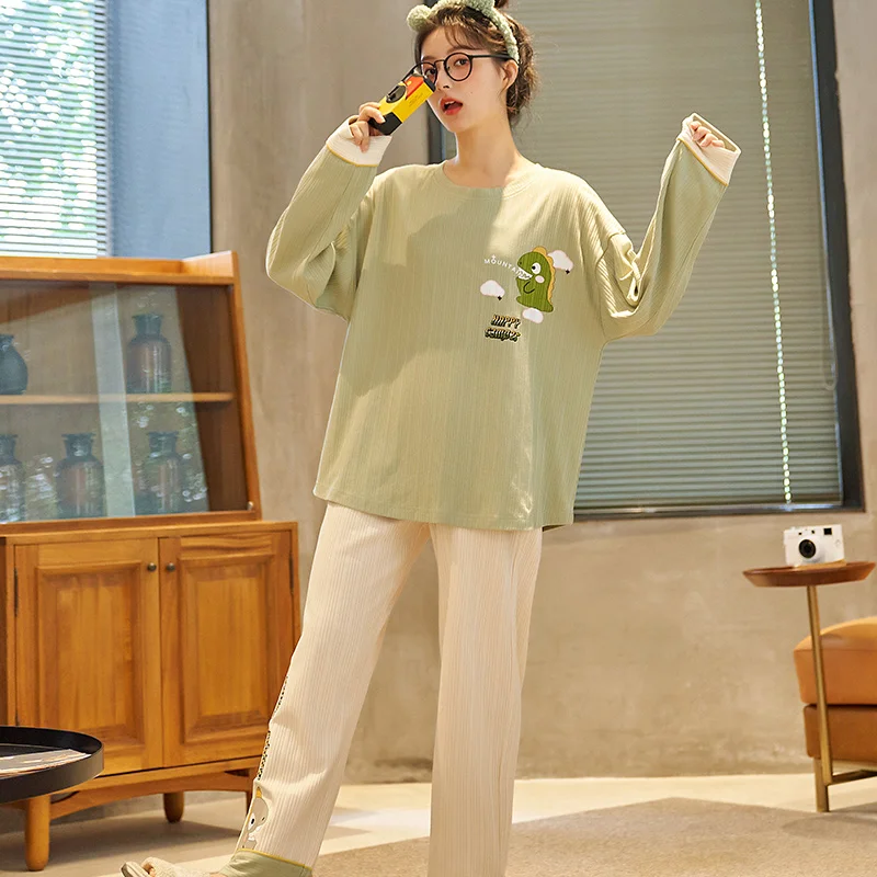 Пижама с маленьким динозавром женская удобный хлопковый пуловер длинным рукавом