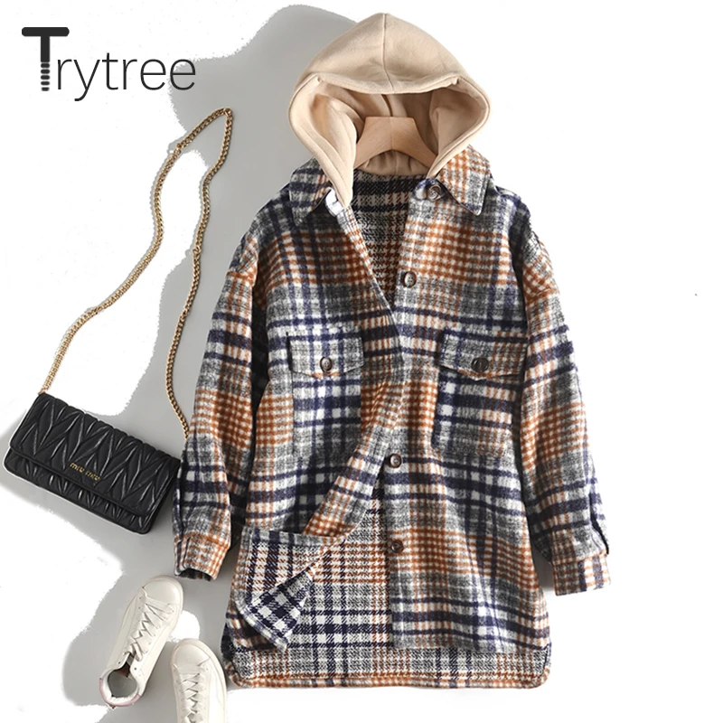 Ttytree 2019 Осень Зима Женское повседневное пальто с капюшоном в клетку однобортное