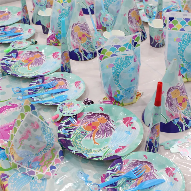 Disposable Tableware Mermaid Themed Party Birthday Party Decorations Kids Party Supplies Paper Plates Cake Hats