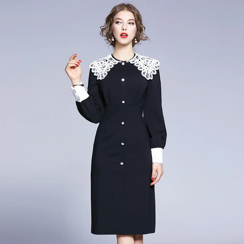 

Palace Retro Dress Women's Mid-length Slimming Lace Joint Sheath Detachable Collar Splittable 378