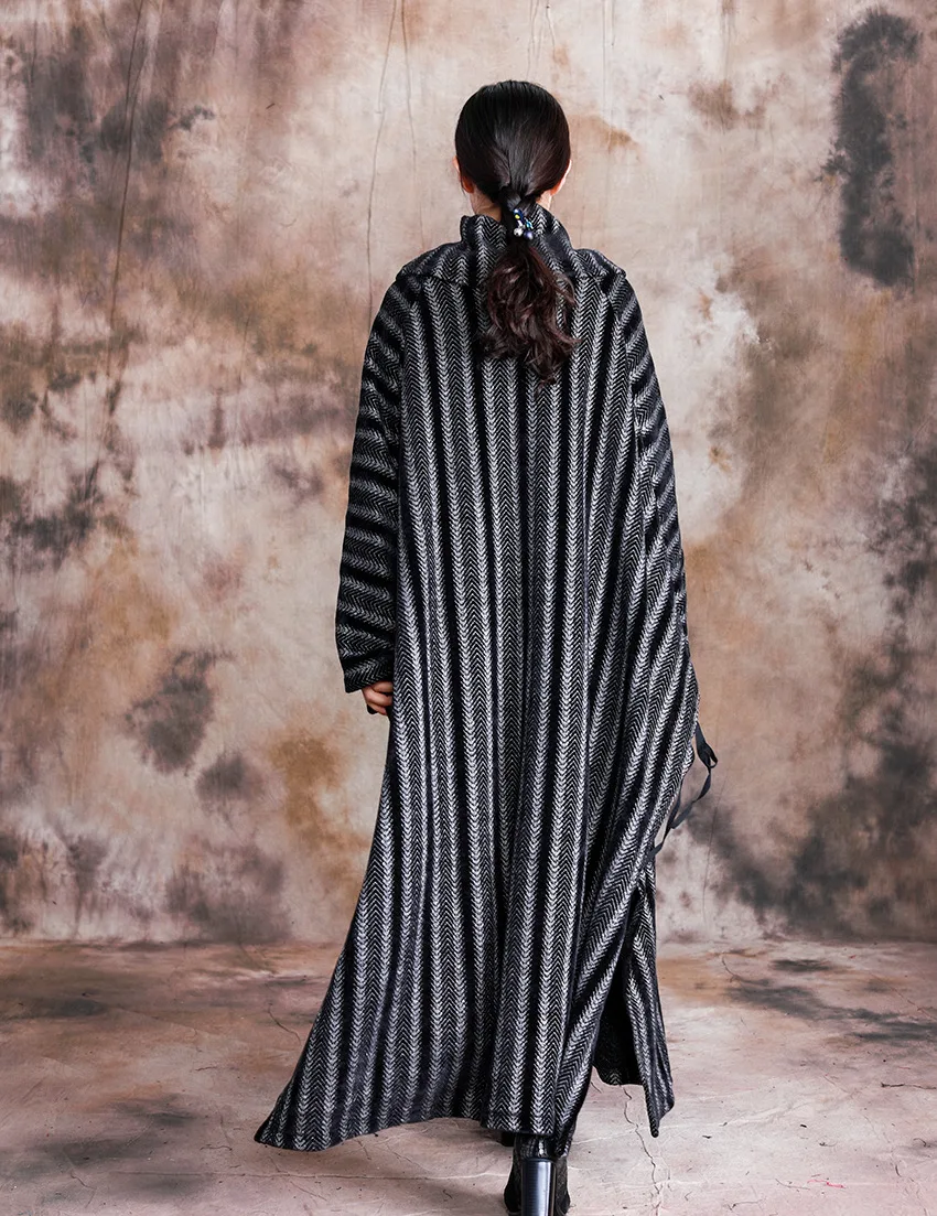 Johnature Women Bat Sleeve Dress Turtleneck Winter New Striped Plus Size Women Cloths Thick High Quality Loose Dresses
