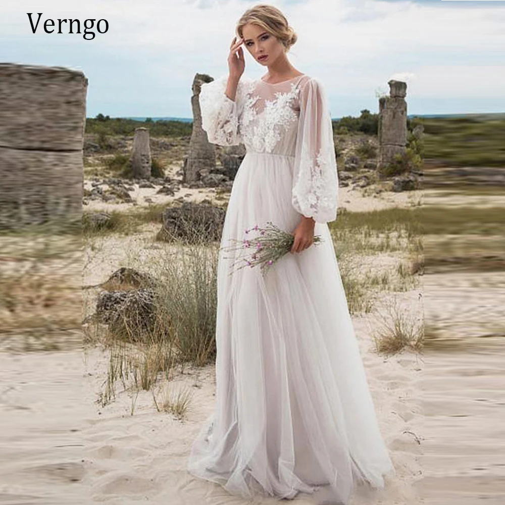 

Verngo Beach Wedding Dress Boho Simple Puffy Long Sleeve Lace Bridal Gowns Tulle Bride Dress Robe De Mariee