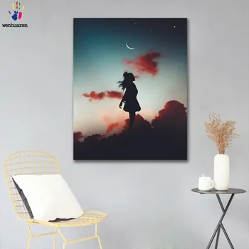 

DIY colorings pictures by numbers with colors Little girl moonlight silhouette picture drawing painting by numbers framed Home