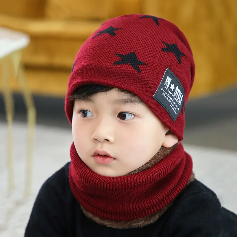 Милая Детская Зимняя шерстяная шапка, накидка на шею, Корейская версия, утолщенная теплая вязаная шапка, детские шапки, шапка, шарф, комплект - Цвет: Wine Red