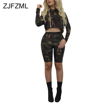 

Spring Camouflage Casual Two Piece Female Tracksuit Women Drawstring Hooded Long Sleeve Top And High Waist Slim Fit Short Pants