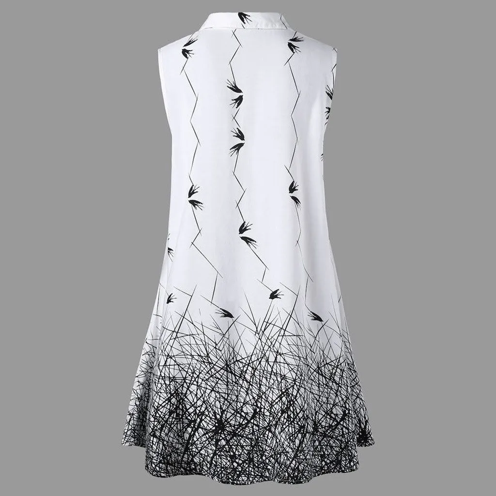 Mode Mooie Zomer Vrouwen Shirt Jurk V-hals Button Mini Jurk Mouwloos Swallow Gedrukt Jurk Mode Mooie Zomer Vrouwen Shirt Jurk V-hals Button Mini Jurk Mouwloos Swallow Gedrukt Jurk