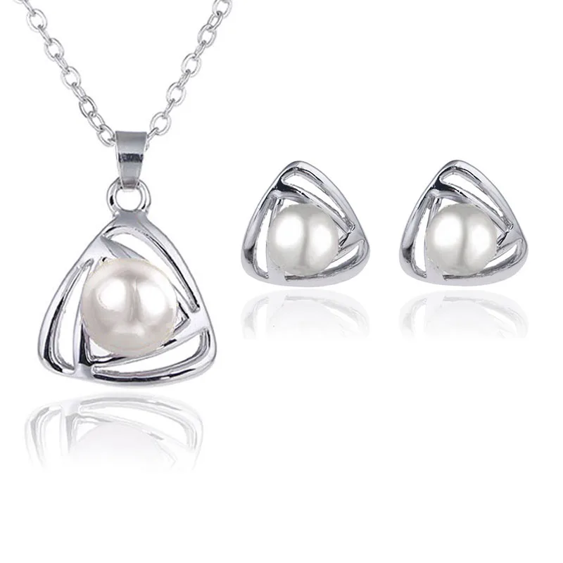 silver white Модные Ювелирные наборы из искусственного жемчуга, треугольный дизайн, подвеска, ожерелье, кольцо, серьги-гвоздики, для женщин, для свадьбы - Окраска металла: silver white