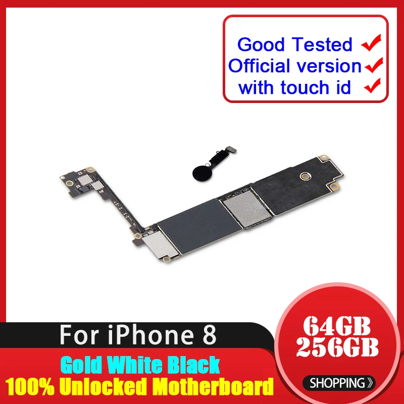 Разблокированная материнская плата для iPhone 8 с черным/белым/золотым сенсорным ID, полностью протестированная материнская плата для iPhone 8 с системой IOS