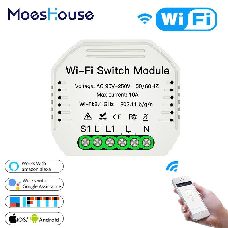 MiNi Wifi Smart Light Switch Diy Breaker Module Smart Life/Tuya APP Remote Control,Works with Alexa Echo Google Home 1 2 Way