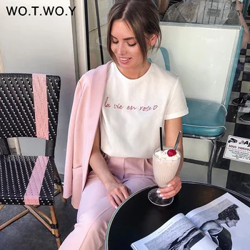 WOTWOY футболка со смешным буквенным принтом Футболка Для женщин Повседневное летнее хлопковое белое платье футболка Femme короткий рукав в Кор...