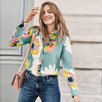

Sunflower Print Silk Shirt Women Summer Elegant Long Sleeve Buttons Crepe De Chine Blouse 2020 Office Lady Shirt Women Autumn