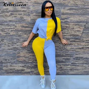 

Kricesseen Sexy Patchwork Two Pieces Pant Set Summer Short Sleeve Top And Long Pans Suits Women Tracksuits Matching Set