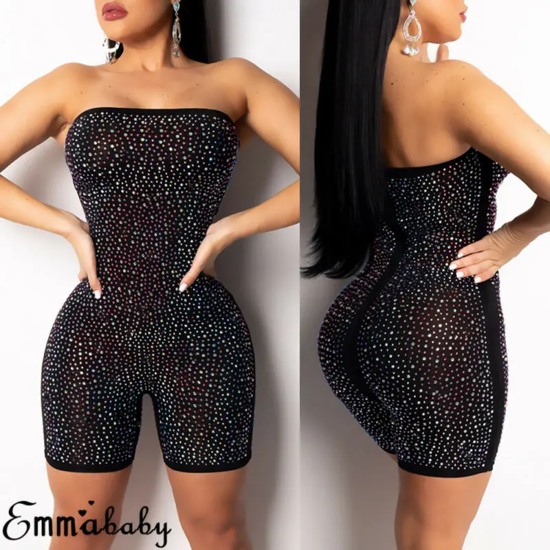 

New Fashion Womens Casual Solid Skinny Sleeveless Crystal Jumpsuit Romper Bodycon Playsuit Shorts Trousers Party Clubwear