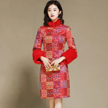 

Chinese red High-end Rabbit Raw Collar cheongsam New Year Tang Costume Women Winter dress Long sleeve qipao Jacquard Toast suit