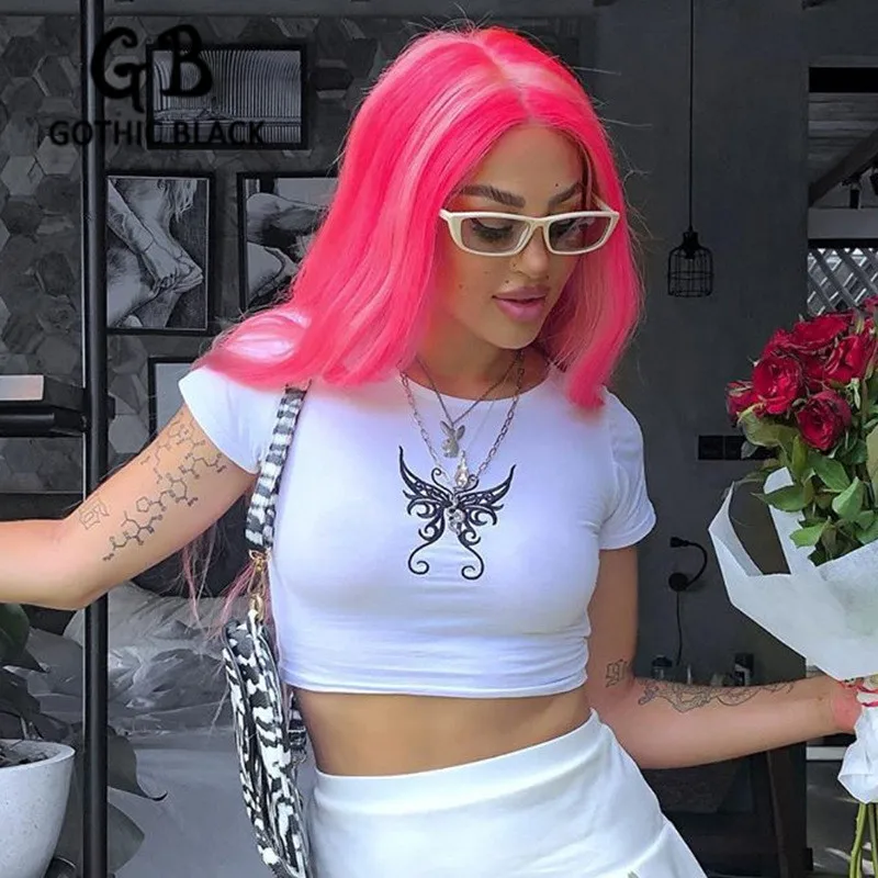 

Gothblack Streetwear Butterfly Print Slim Crop Top Women O-Neck Short Sleeve Bodycon Short T-shirt Female Fashion 2020 New Top