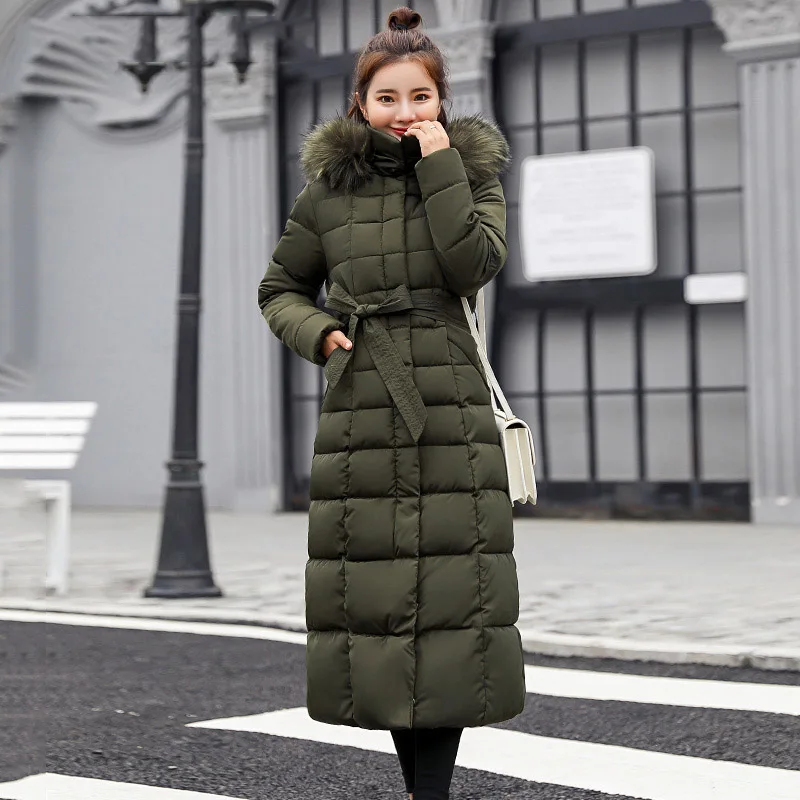 Армейский зеленый Women Winter Jacket Fur Hooded Parka Women Winter Coat Cotton Padded Parka X-Long Warm Thicken Outerwear Winter Long Coat - Цвет: Армейский зеленый