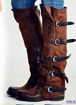 

Lace-Up Buckle Women Cowboy Boots Round Toe Mid-Calf Gothic Long Boots Med Square Heel Winter Shoes