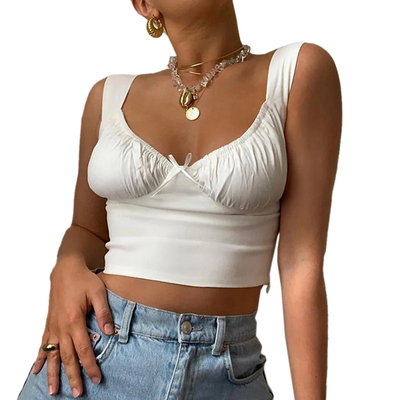 Sexy White Spaghetti Straps Low Cut Bow Ruches Crop Top Summer Women Sleeveless Camisole Top Female Skinny Bralette