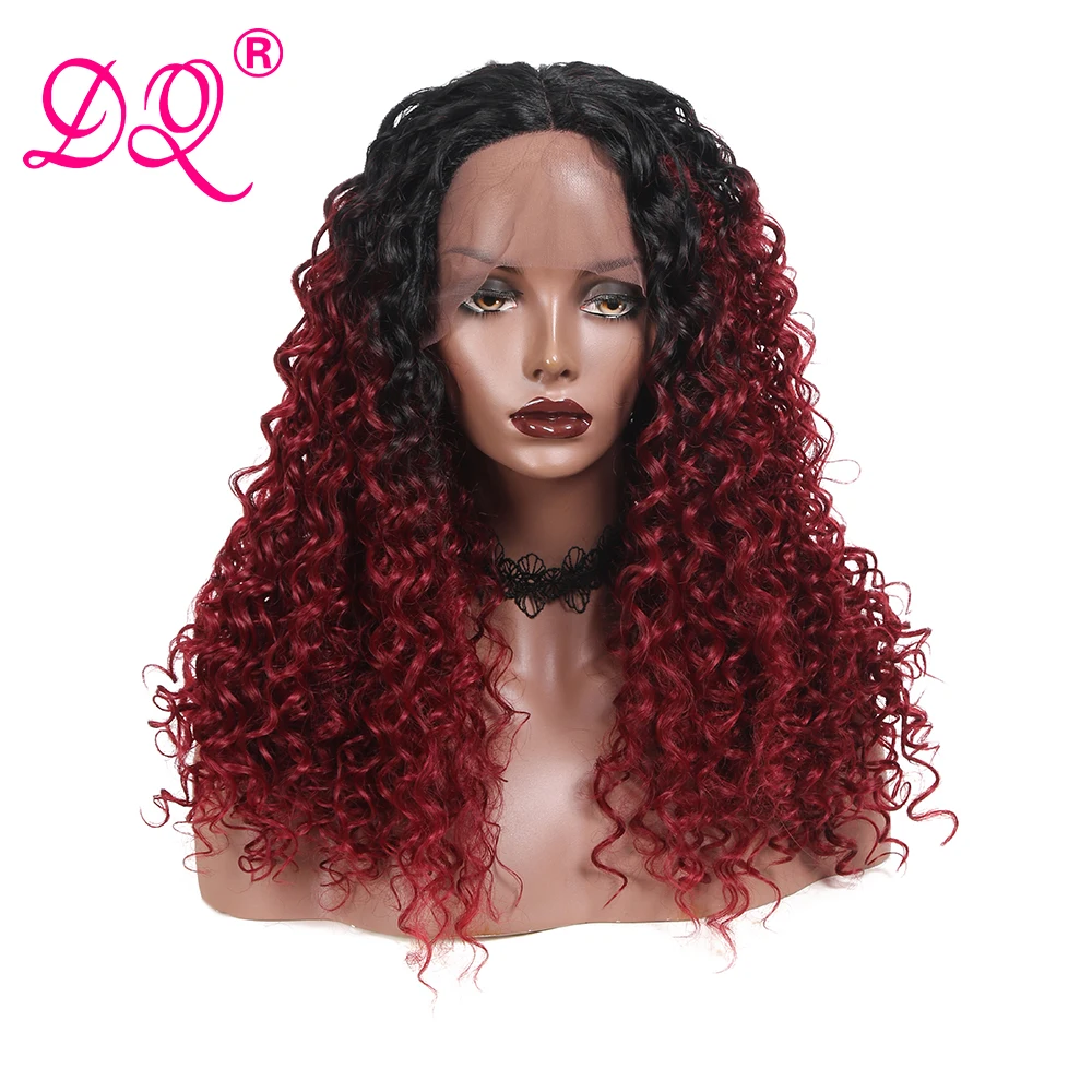 DQ длинные вьющиеся синтетические Синтетические волосы на кружеве парик Для женщин Термостойкое волокно ежедневные вечерние Косплэй парик с эффектом деграде(переход от темного к коричневый красные, черные парик средняя часть - Цвет: TIB RED