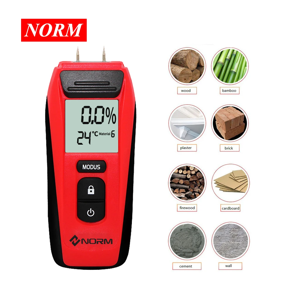 

Norm Digital Wood Moisture Meter Two Pins Hot Humidity Tester 0.5 percent Accuracy Portable Hygrometer Timber Damp Detector