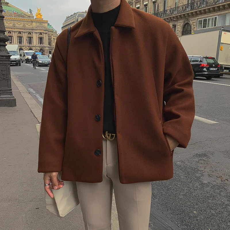 UYUK Autumn And Winter Korean Version Of The Loose Casual Trend Retro Wild Caramel Color Lapel Single-breasted Woolen Coat Mens UYUK Autumn And Winter Korean Version Of The Loose Casual Trend Retro Wild Caramel Color Lapel Single-breasted Woolen Coat Mens