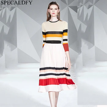 

Designer Runway Skirt Set Autumn Knitted Sweater Set Women Striped Knit Tops + Midi-calf Pleated Skirt Two Piece Outfits