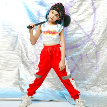 

Hip-Hop Dance Costume For Girls White Vest Red Pants Performance Dance Wear Jazz Street Dancing Clothes Stage Outgits DQS3992