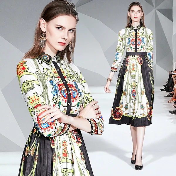 Подиумное дизайнерское платье, весна-лето, vestidos, плиссированное, рукав 3/4, элегантные, вечерние, на колесах, с цепью, для офиса, для девушек, платье-рубашка