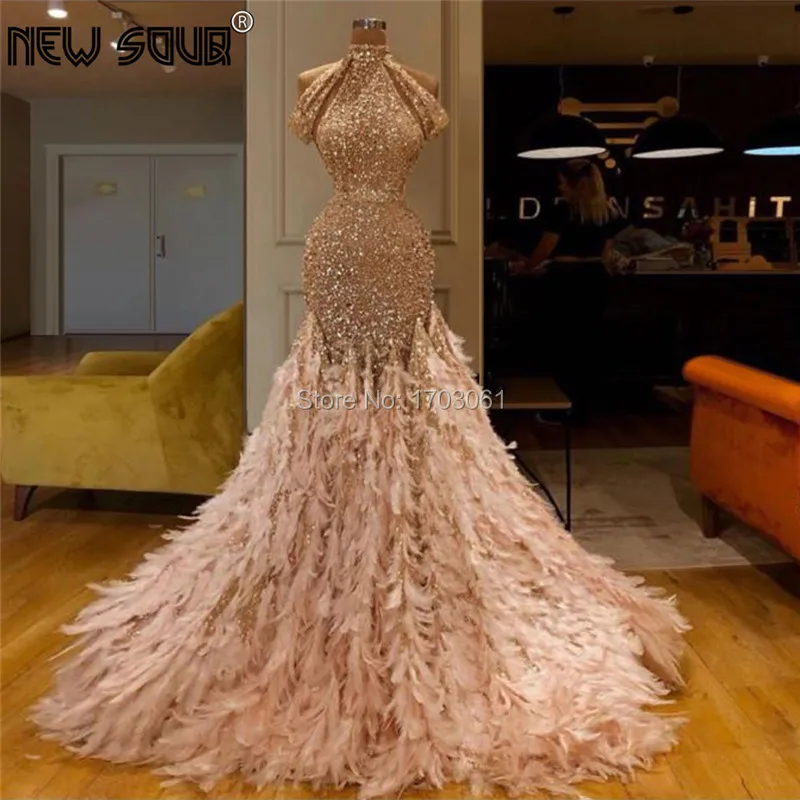 

Beading Shiny Feathers Evening Dresses Custom Made 2019 Saudi Arabic Robe De Soiree Longue Prom Dress Crystal Islamic Party Gown