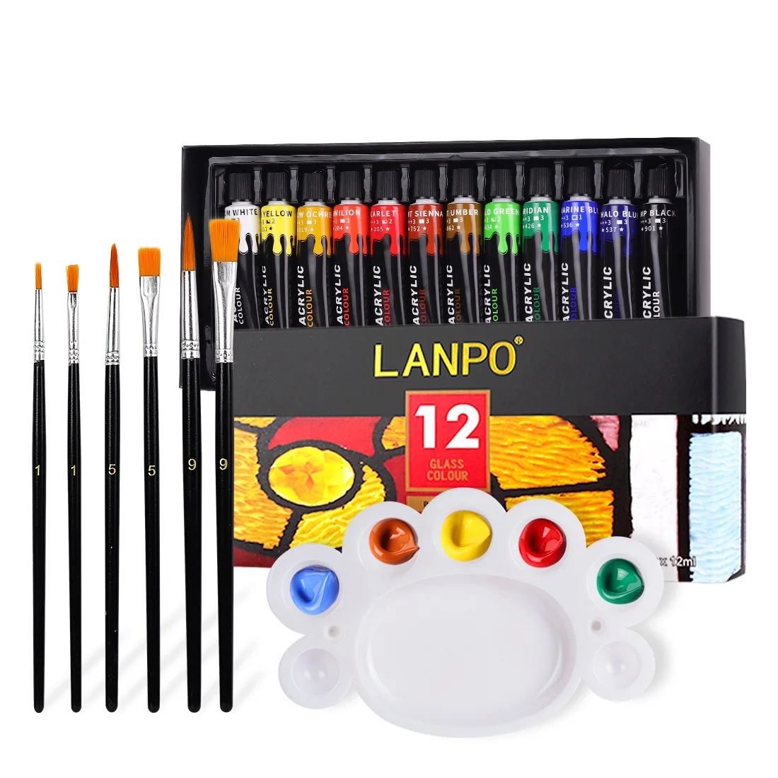 Stain Glass Paint Set with 6 Nylon Brushes, 1 Palette, 12/24 Colors Waterproof Acrylic Enamel Painting Kit for Kids