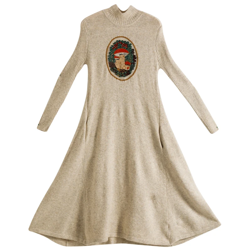 Линетт's chinoiseroy осень зима дизайн для женщин Винтаж французский гриб вышивка вязаный кашемир шерстяное длинное платье