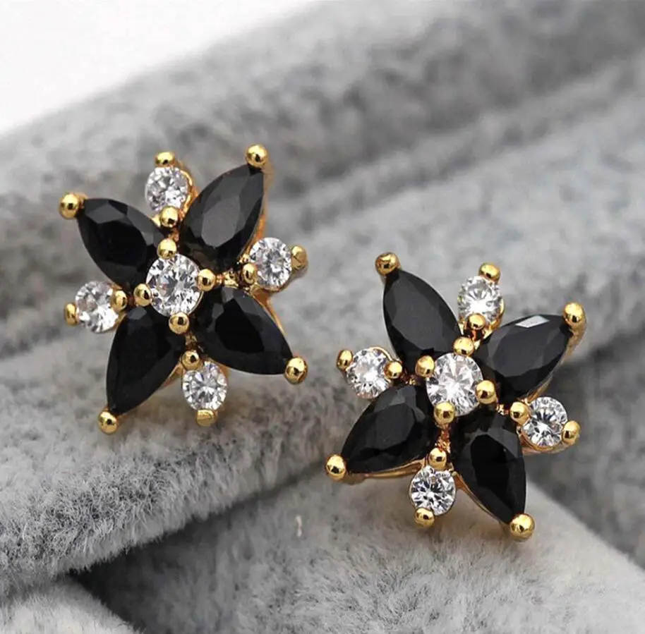 OBS1284-Gold-Black Новые серьги-гвоздики клевера для женщин золотистые Роскошные серьги в виде цветка с черным Цирконом Модные ювелирные изделия Свадебные аксессуары - Окраска металла: OBS1284-Gold-Black