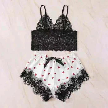 

Sexy Lace Satin Cami Crop Tops Lingerie Printed Shorts Women Sleepwear Summer Shorts Set Nightwear Hot